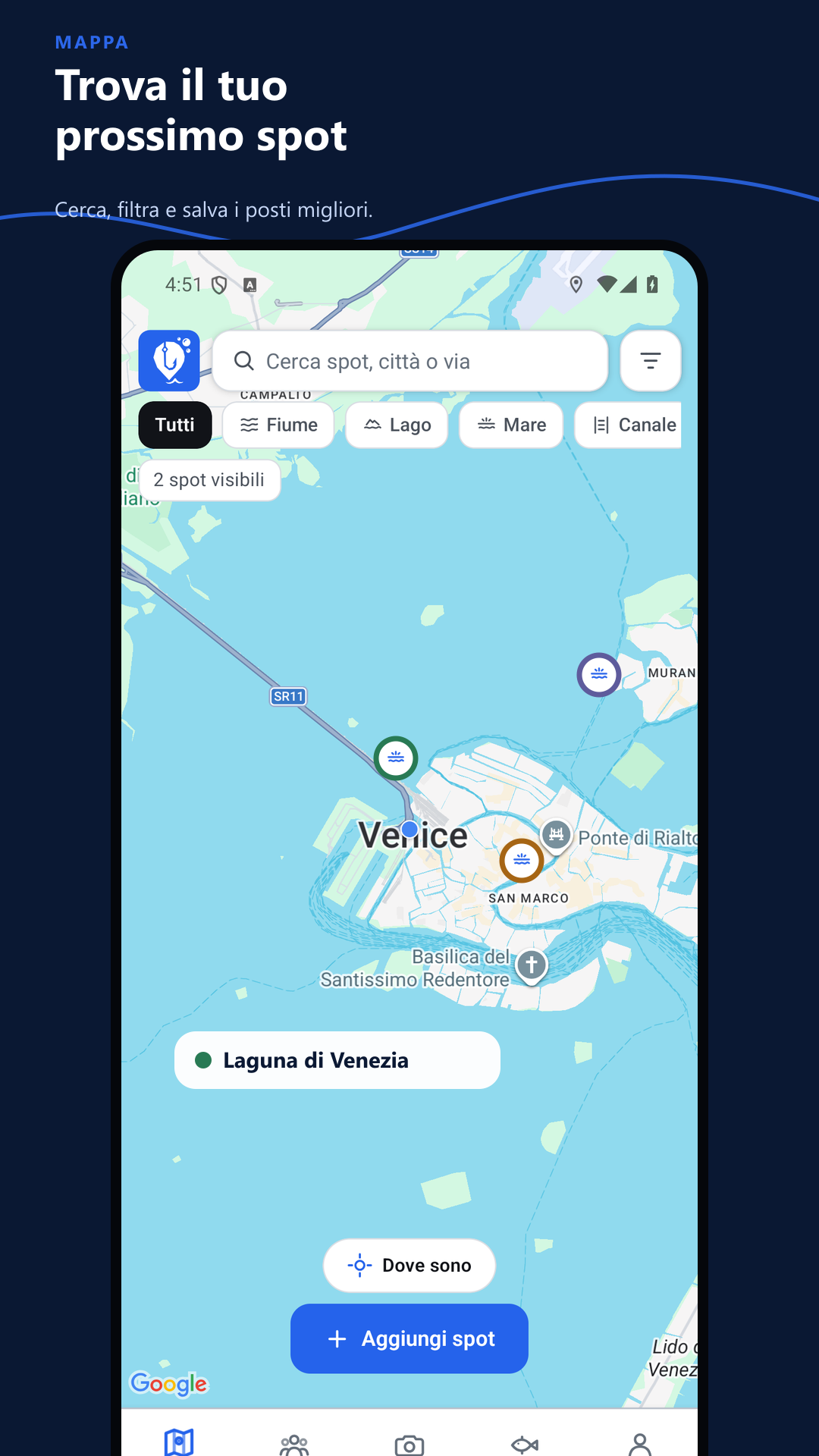 Mappa Eskia con spot di pesca nell'area di Venezia